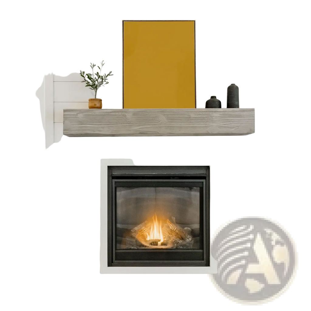 72 inch rustic wood floating fireplace mantel shelf in gray with subtle grain finish above black framed gas fireplace