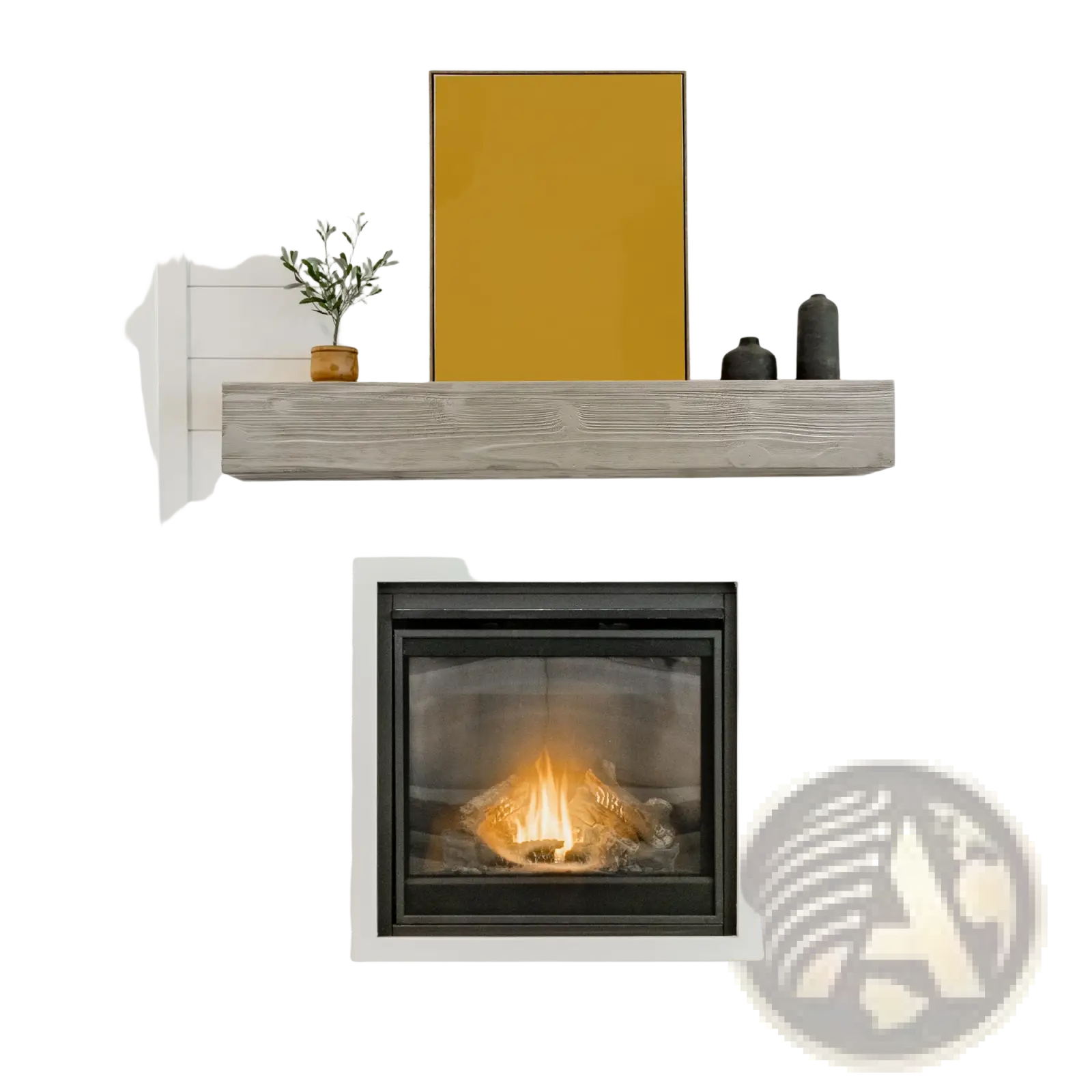 72 inch rustic wood floating fireplace mantel shelf in gray with subtle grain finish above black framed gas fireplace