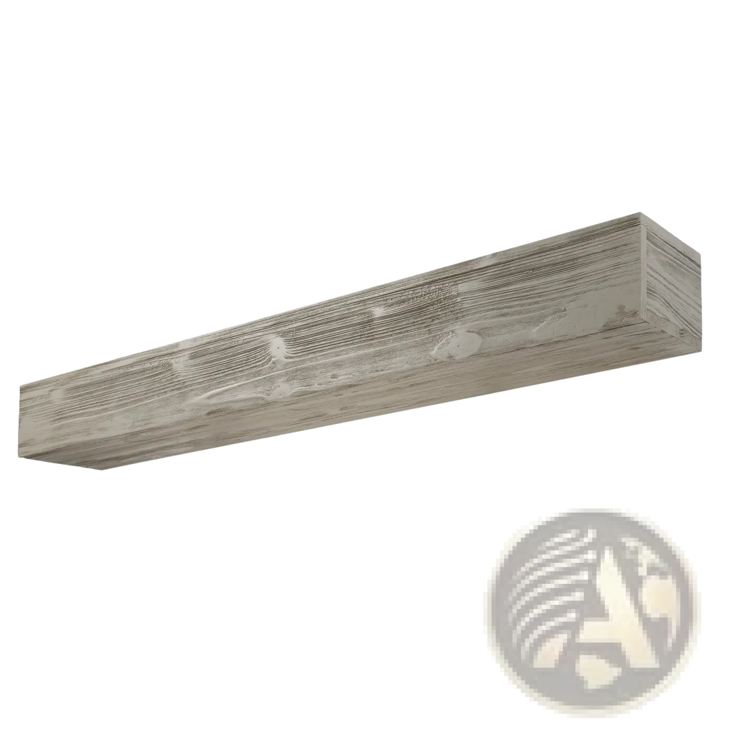72 inch rustic wood floating fireplace mantel shelf made of gray faux wood beam with weathered rustic finish and visible grain patterns