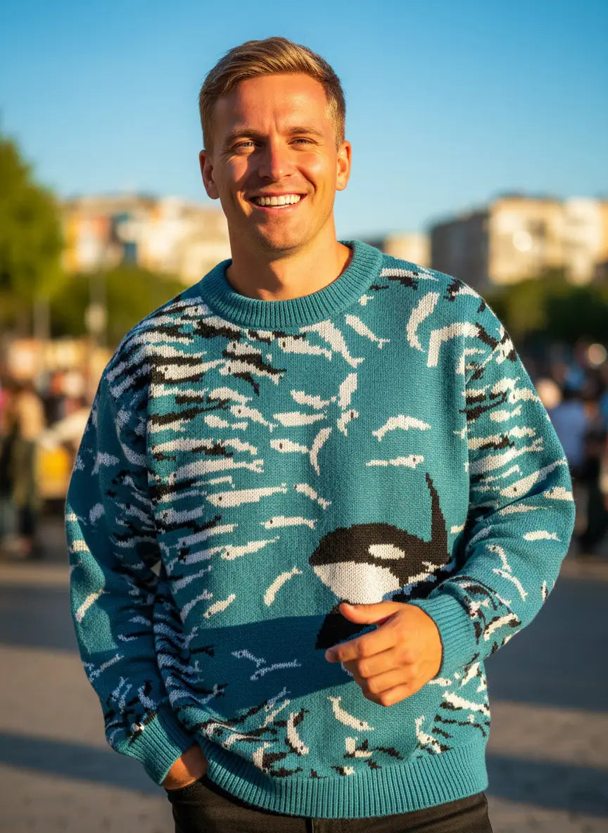 Ein petrolgrüner Strickpullover mit einem kräftigen weißen und schwarzen Fisch- und Orca-Muster, mit gerippten Bündchen und Saum, als Casual-Koreanpullover gestaltet.