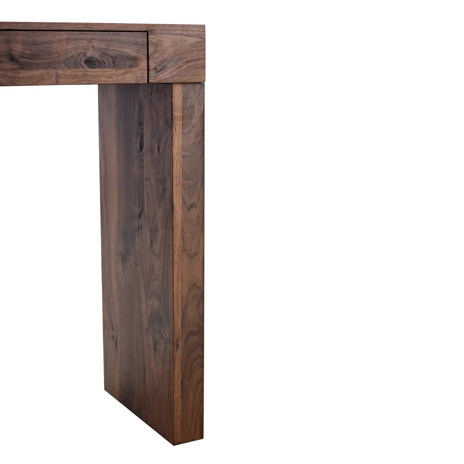 Dark walnut wood bar table with double drawers and sleek minimalist design showcasing visible natural grain.