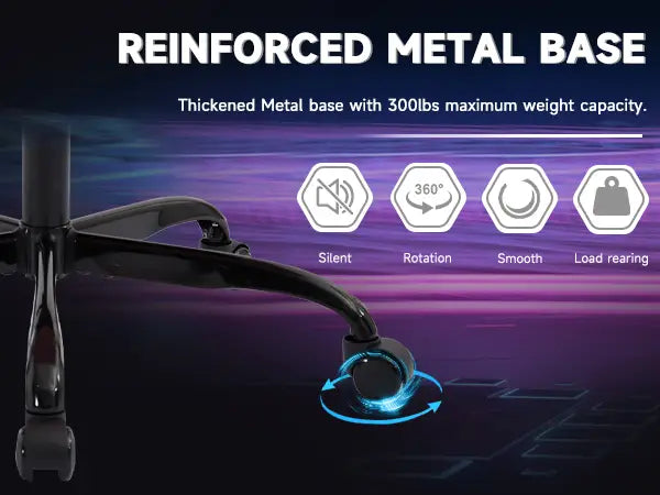 Black reinforced metal base of gaming chair with footrest and massage lumbar support featuring silent smooth rolling casters and 300lbs weight capacity viewed from the back side.