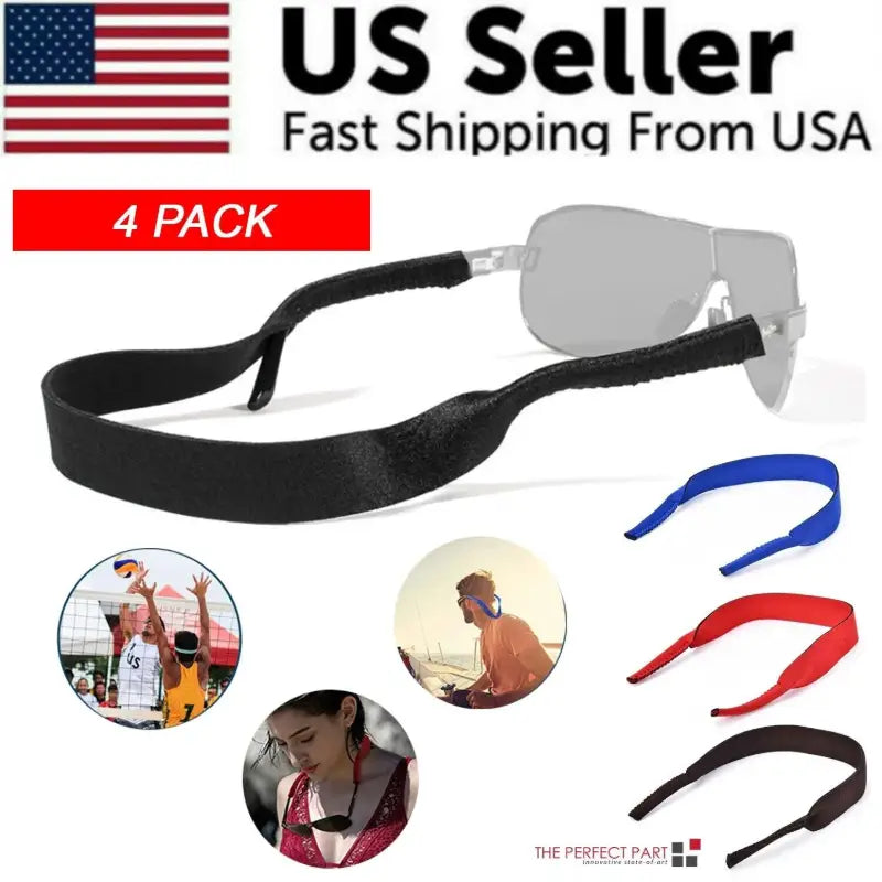 black neoprene adjustable sports sunglasses strap shown with matching gray-tinted aviator-style glasses in a 4-pack eyewear lanyards set.