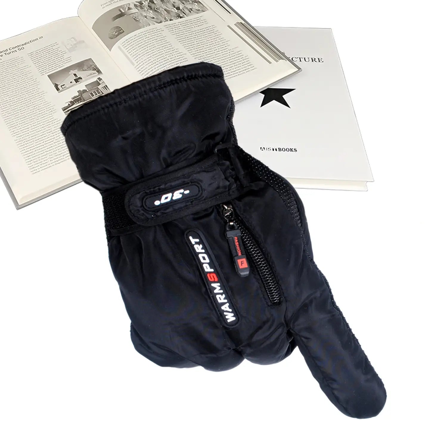 Men’s windproof thermal cycling gloves in black insulated material showing the back side with a zipper and warmsport branding in white lettering.