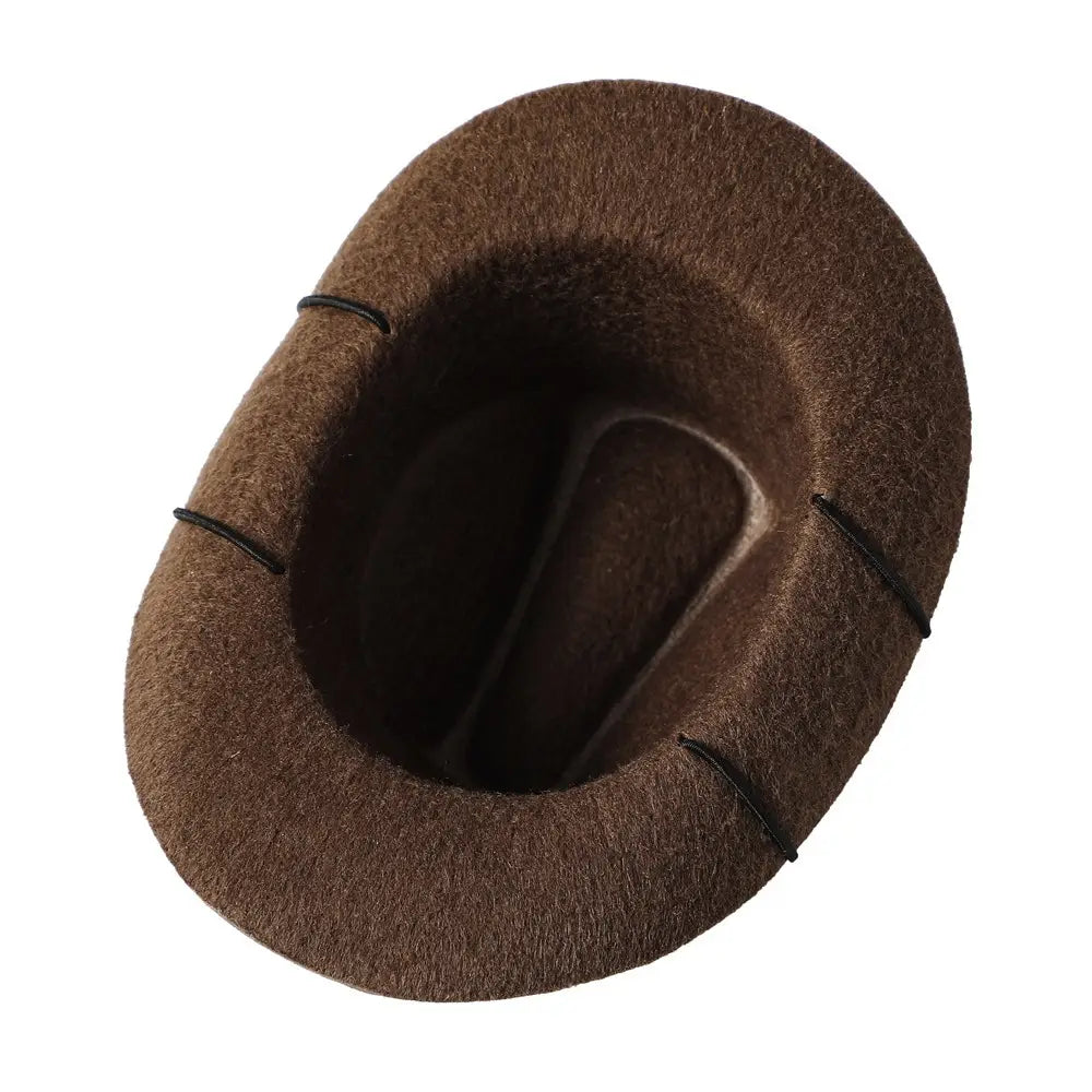 A brown felt pet cowboy hat with a rounded crown and stitched brim designed as a felt costume for dogs and cats.