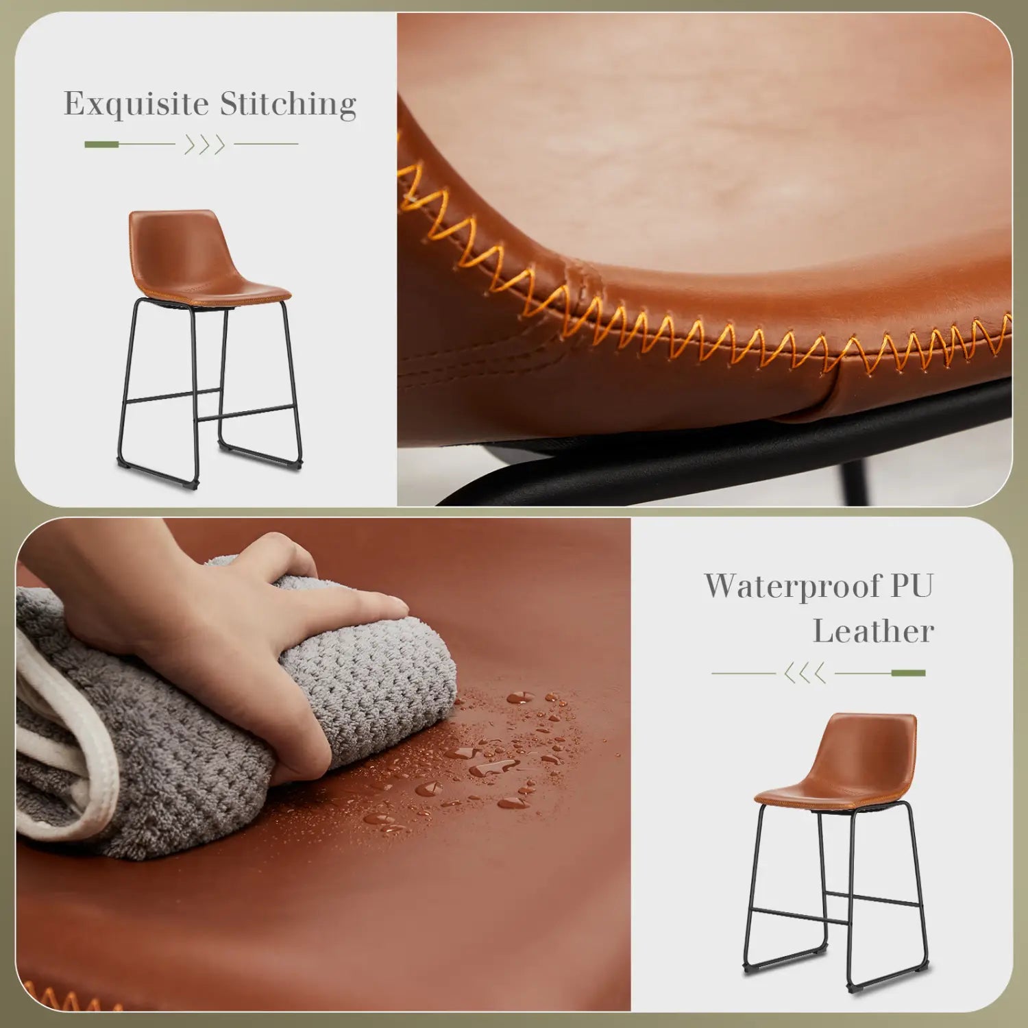 Tabourets de bar en cuir PU imperméable marron, ensemble de 2 chaises de comptoir de style milieu du siècle, avec cadre métallique noir et couture décorative en forme de zigzag.