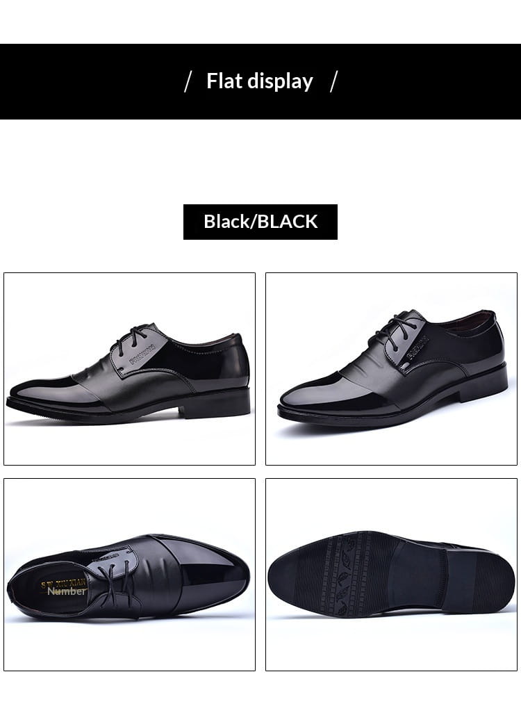 Herrenschuhe Oxford aus schwarzem Lackleder mit polierter Oberfläche und Schnürbandschließe: klassisches Design mit spitzer Kappe im britischen Stil.
