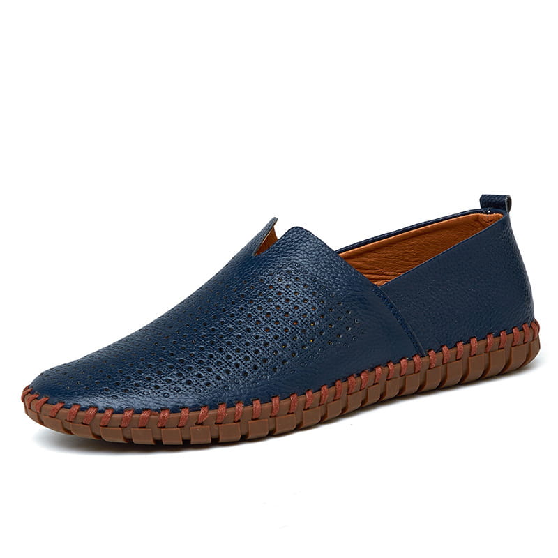 Men’s breathable navy blue perforated leather driving loafers with brown stitched sole and lining in large sizes.