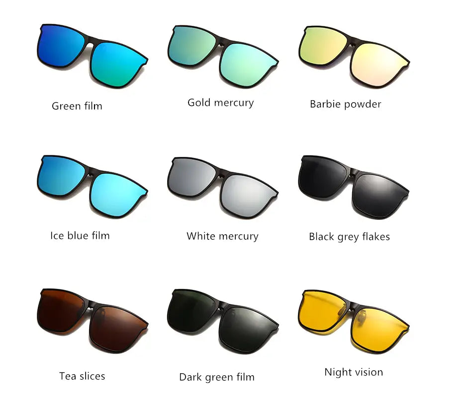Black-framed polarized gradient photochromic magnetic clip-on sunglasses with mirrored lenses in various colored film options.