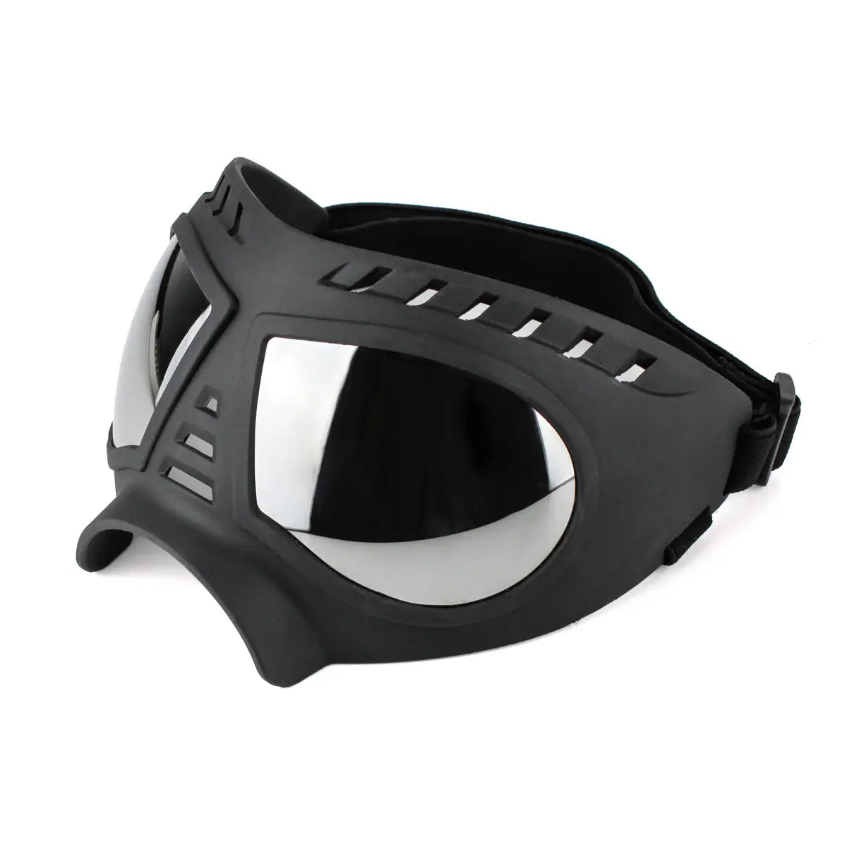 black matte-finish large dog goggles featuring a sleek angular design with reflective silver lenses offering uv protection and windproof ski eyewear functionality.