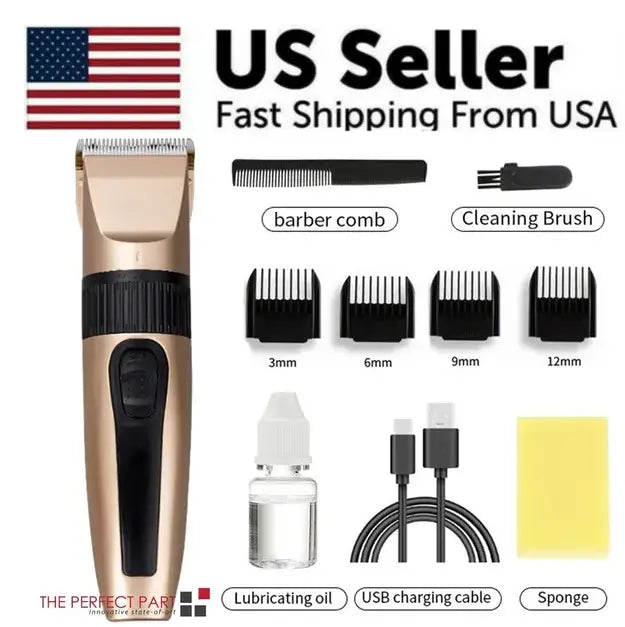 Professional hair clippers cordless gold barber kit featuring a gold and black electric hair clipper with multiple comb attachments for versatile grooming.