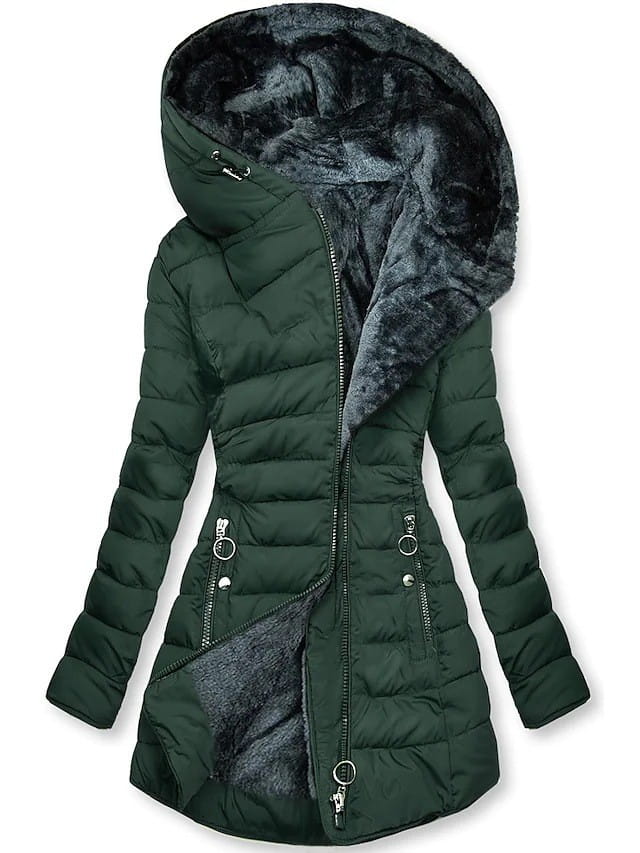 Dark green quilted winter jacket with a plush dark gray faux fur-lined hood and matching interior lining.