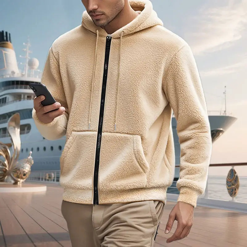 Men’s fleece lined loose zip up hooded jacket in cream color made of fleece material featuring a black zipper and matching drawstrings.
