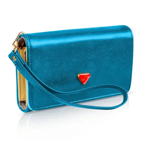 A sleek turquoise metallic pu leather slim wristlet wallet and card holder featuring a red triangular logo and gold-tone hardware.
