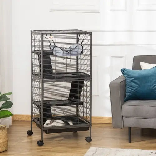 cage pour furet et petits animaux à 5 niveaux superposés roulants en métal noir, avec roues et un hamac suspendu