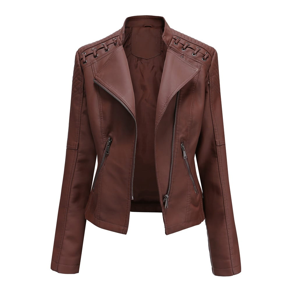Braune Faux-Leder-Motorradjacke für Damen im Slim Fit mit Schnürschultern und Frontreißverschlüssen.