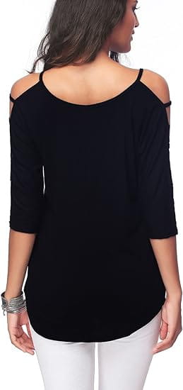 Black off-shoulder cut-out top featuring a cold-shoulder design with three-quarter sleeves and a high-low hemline.
