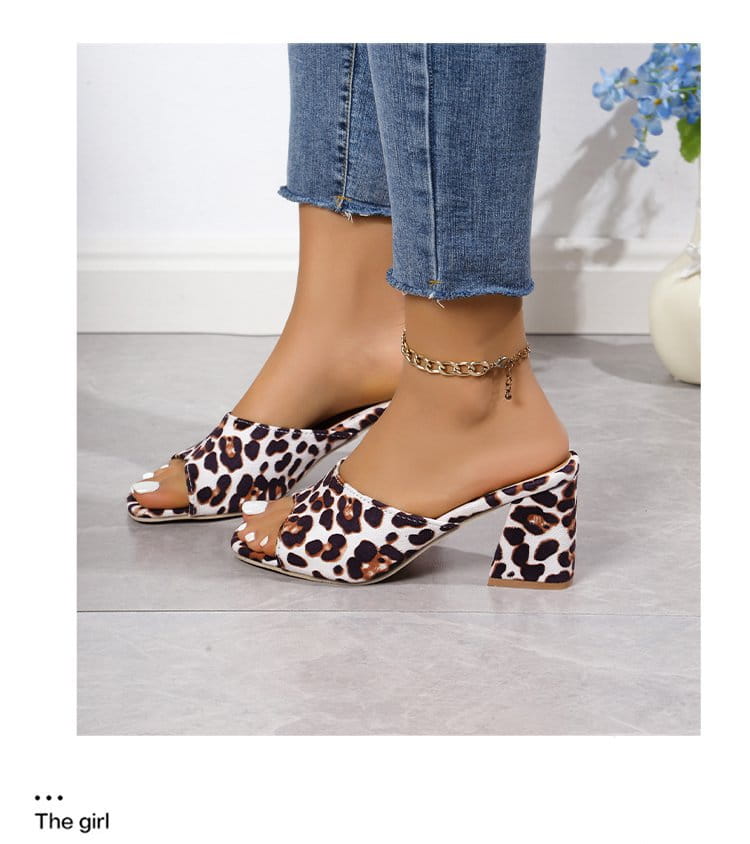 leopard square toe chunky heel mule sandals in red white and tan with leopard print and block heels