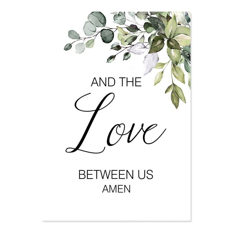 a delicate eucalyptus botanical love and bless wall art set featuring a watercolor print card with soft green and white leaves above elegant black cursive text reading and the love between us amen.
