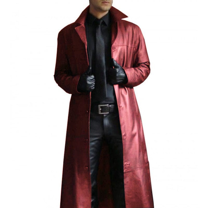 Men slim leather trench coat in glossy crimson leather with a classic collar and buttoned front.
