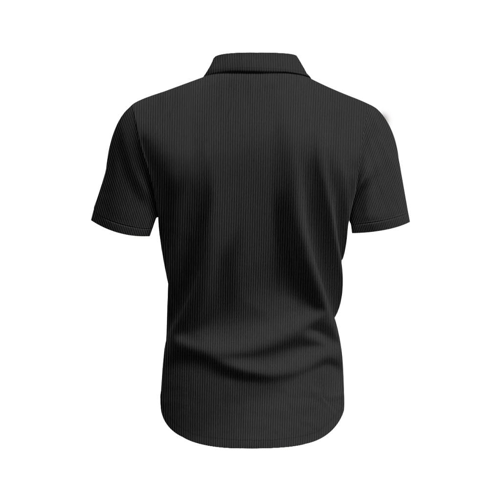 black loose corduroy short sleeve workwear shirt with subtle vertical pinstripes on short sleeves