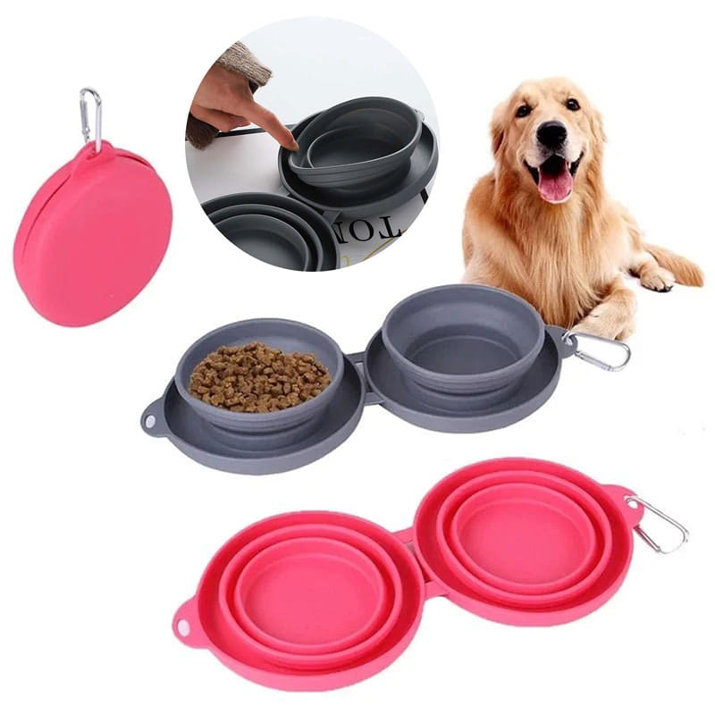 Pink and gray collapsible dog bowls made of silicone with carabiner clips for travel use in a double silicone travel set.