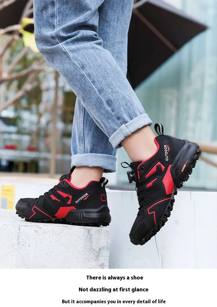 x111 lightweight off-road breathable hiking shoes in black and red featuring a mesh upper, bold geometric accents, and rugged tread for outdoor use.
