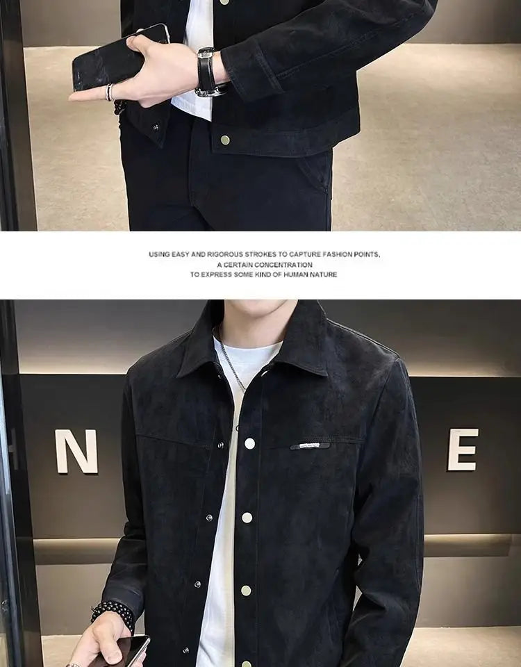 Men suede lapel spring jacket in black suede texture featuring a classic collar and button closures.
