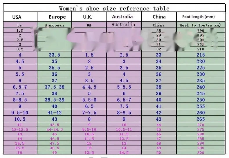 women’s patent leather t-strap platform bow high heels size reference table with color-coded rows for usa europe uk australia and china sizing systems.