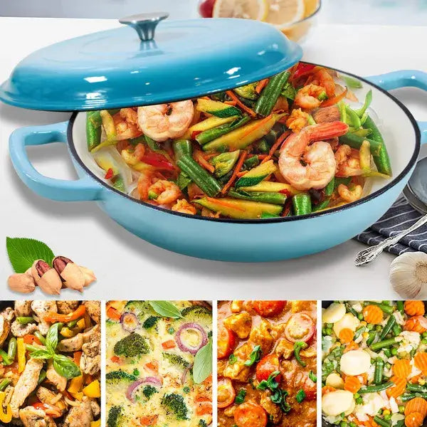 Blue enameled cast iron dutch oven with lid and handles filled with shrimp and mixed vegetables in a cast iron braiser 3.8 qt enameled casserole pot.