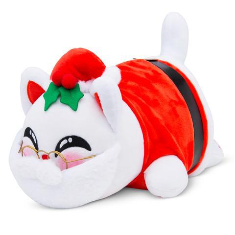 A plush white cat stuffed animal toy for kids 25cm dressed in a red velvet Santa outfit with black trim and a festive green holly accent on its head.