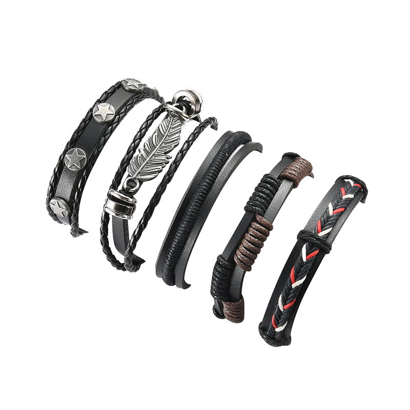 Set of six men’s multilayer black leather bracelets with star charms featuring metallic accents, feather charm, braided patterns, and woven details.