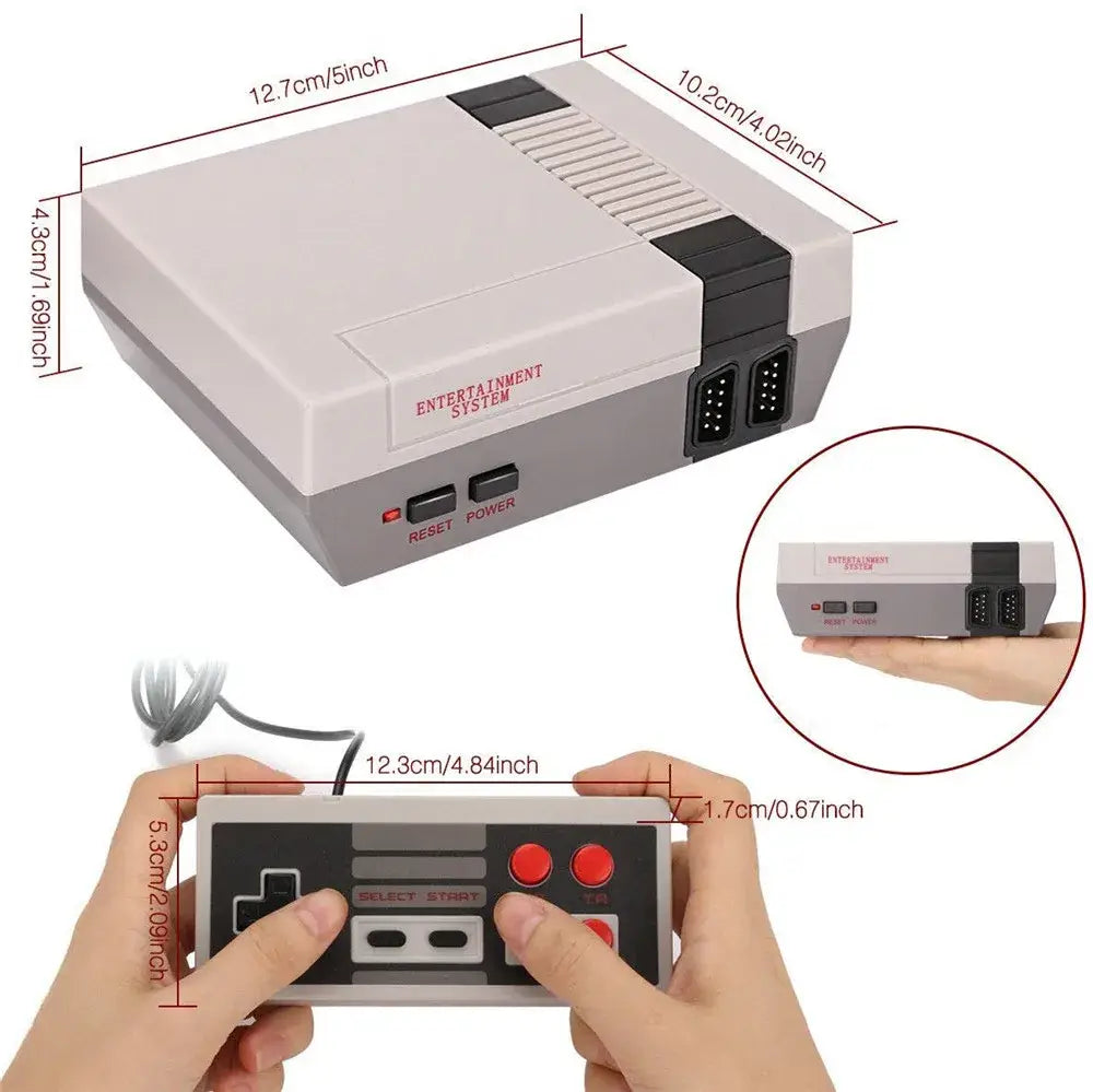 gray and black retro-style nintendo entertainment system 620 retro video game console with red entertainment system text and matching controller featuring red buttons