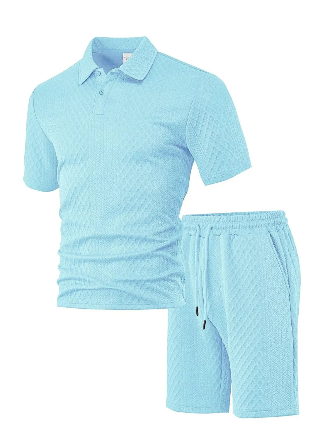 Men textured short sleeve polo suit in light blue featuring a textured fabric with matching shorts for casual wear.