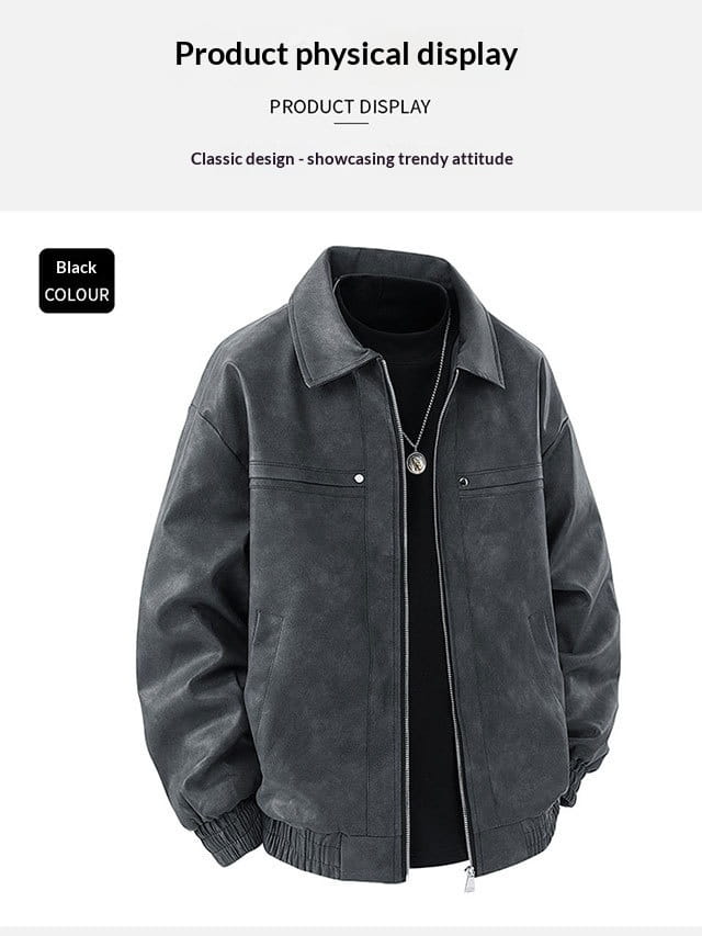 Black suede bomber jacket with a classic design and subtle texture in a slim fit for men vintage style.