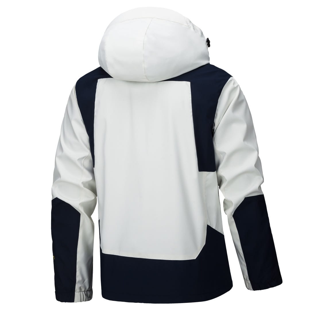 Veste de plein air imperméable à capuche pour hommes et femmes, avec un design bicolore blanc et bleu marine et un matériau imperméable.