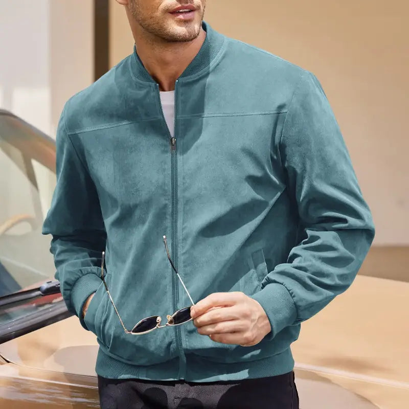 Men suede casual retro jacket in teal featuring a full-length zipper and ribbed cuffs made of suede material.