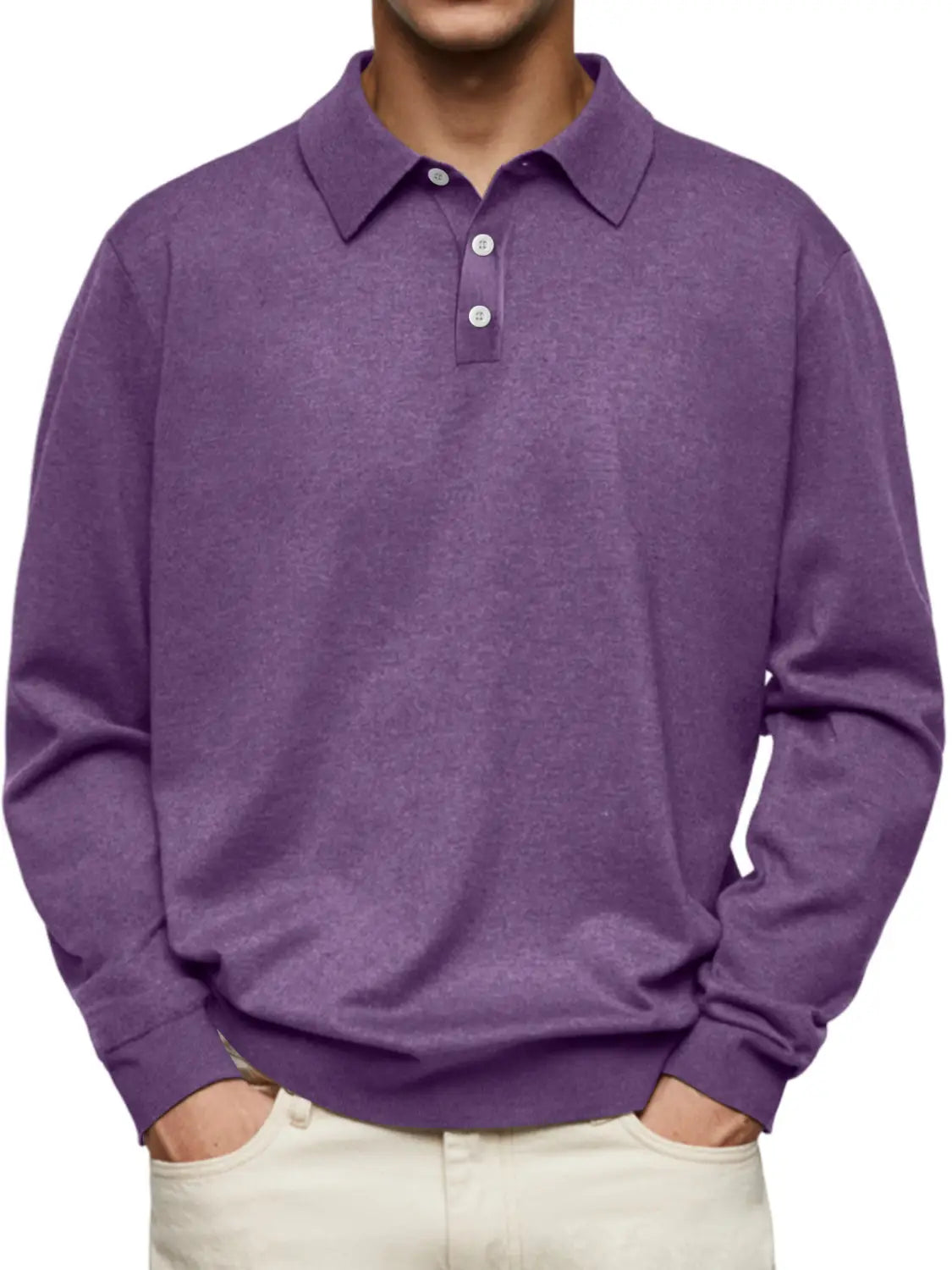 Men long sleeve v-neck button polo shirt in purple with a subtle heathered texture and white buttons.