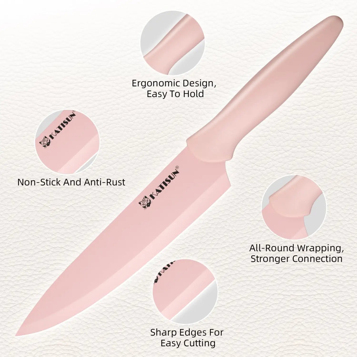 Un cuchillo de chef de cerámica rosa con acabado mate elegante, mango ergonómico moderno y logotipo de la marca katsun grabado cerca de la hoja, de un set de cuchillos rosa con bloque de 14 piezas de acero inoxidable.