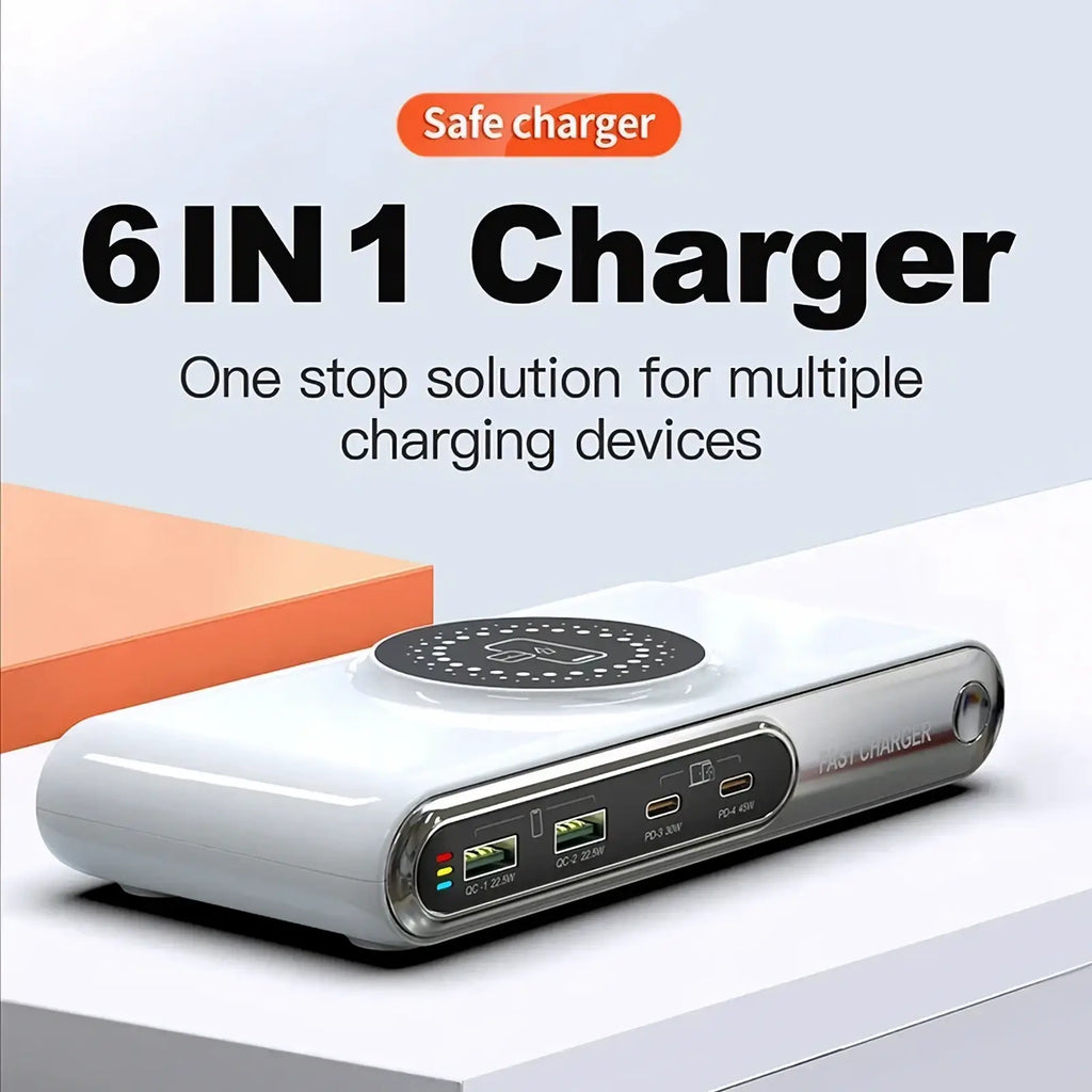 White 72w 6-in-1 wireless charging station with multiple usb ports and a sleek modern design for efficient charging