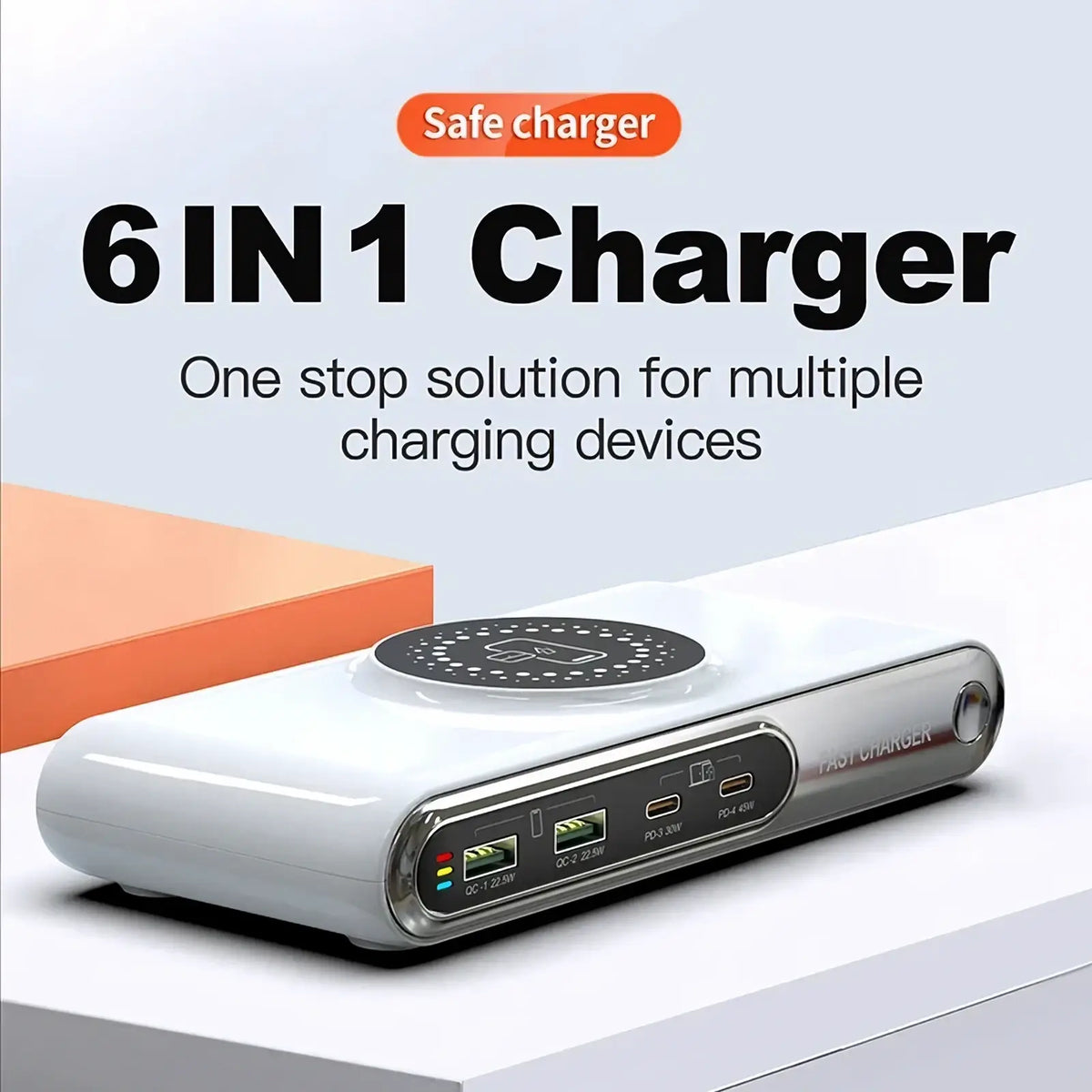 White 72w 6-in-1 wireless charging station with multiple usb ports and a sleek modern design for efficient charging