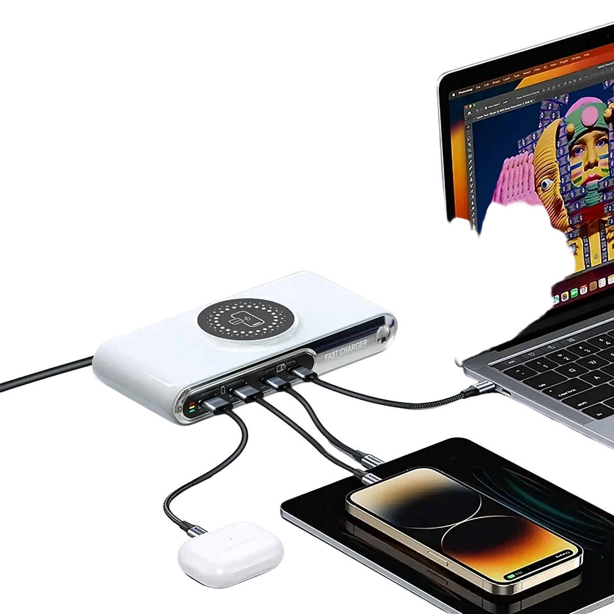 White rectangular 72w 6-in-1 wireless charging station with multiple ports and circular charging pad on top