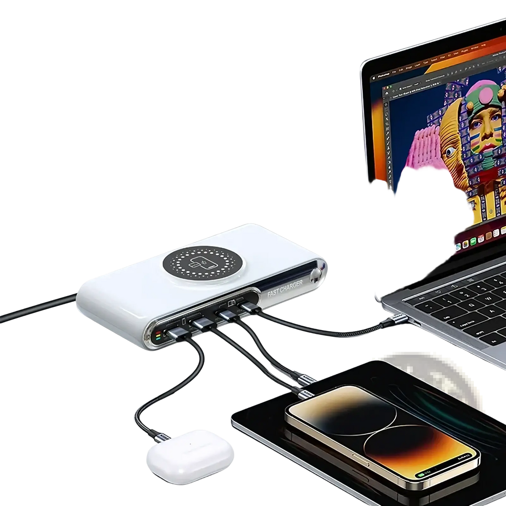 White rectangular 72w 6-in-1 wireless charging station with multiple ports and circular charging pad on top