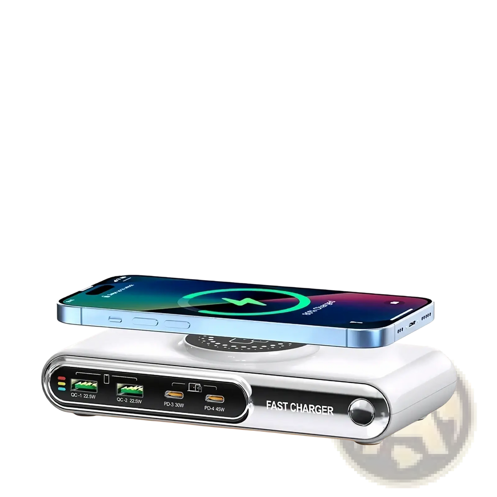 White rectangular 72w 6-in-1 wireless charging station with multiple usb ports and a sleek modern design