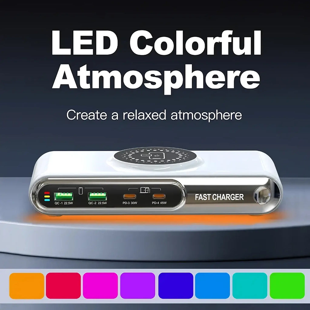 White rectangular 72w 6-in-1 wireless charging station with multiple usb ports and led color-changing lights