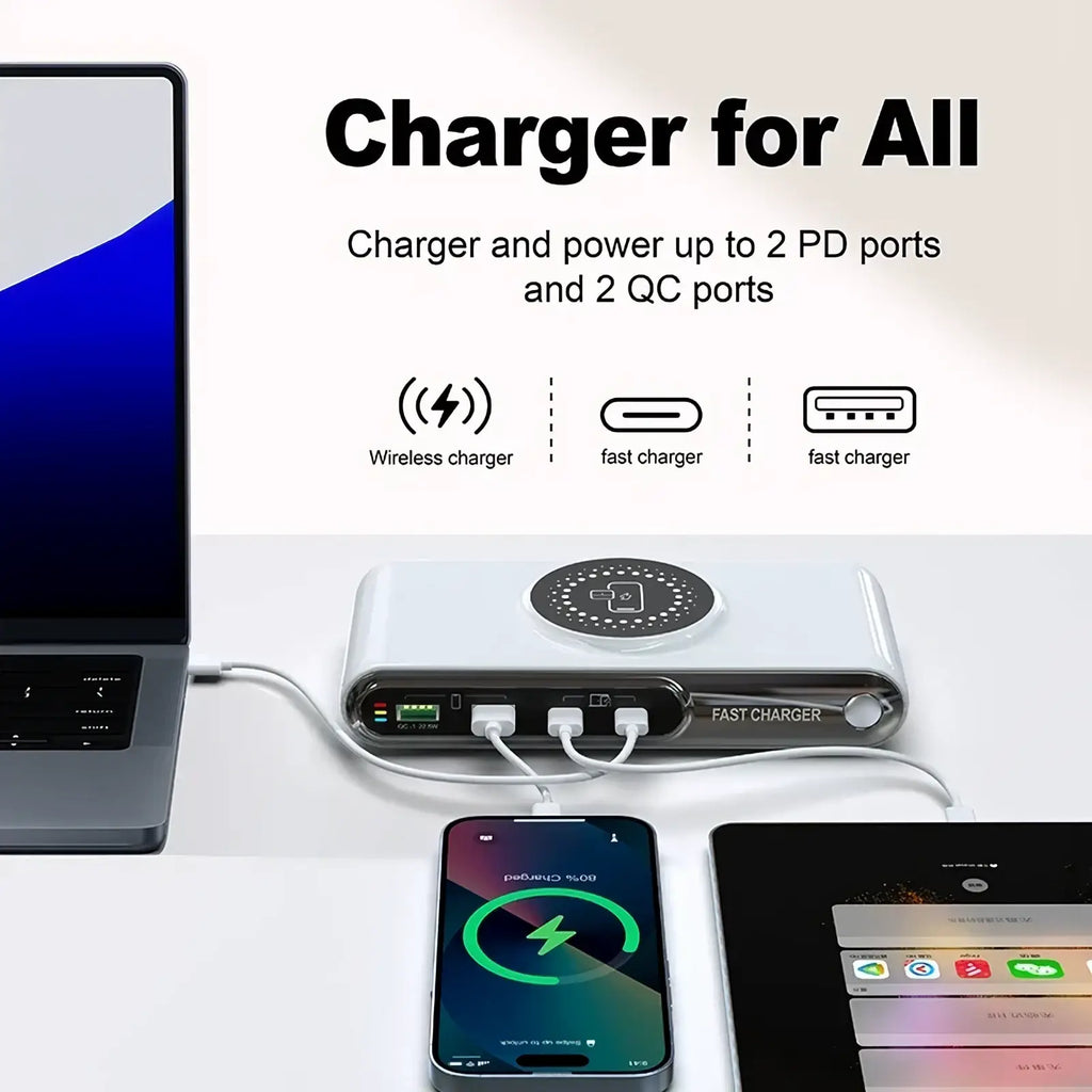 White rectangular 72w 6-in-1 wireless charging station with multi-port usb fast charger and wireless charging pad
