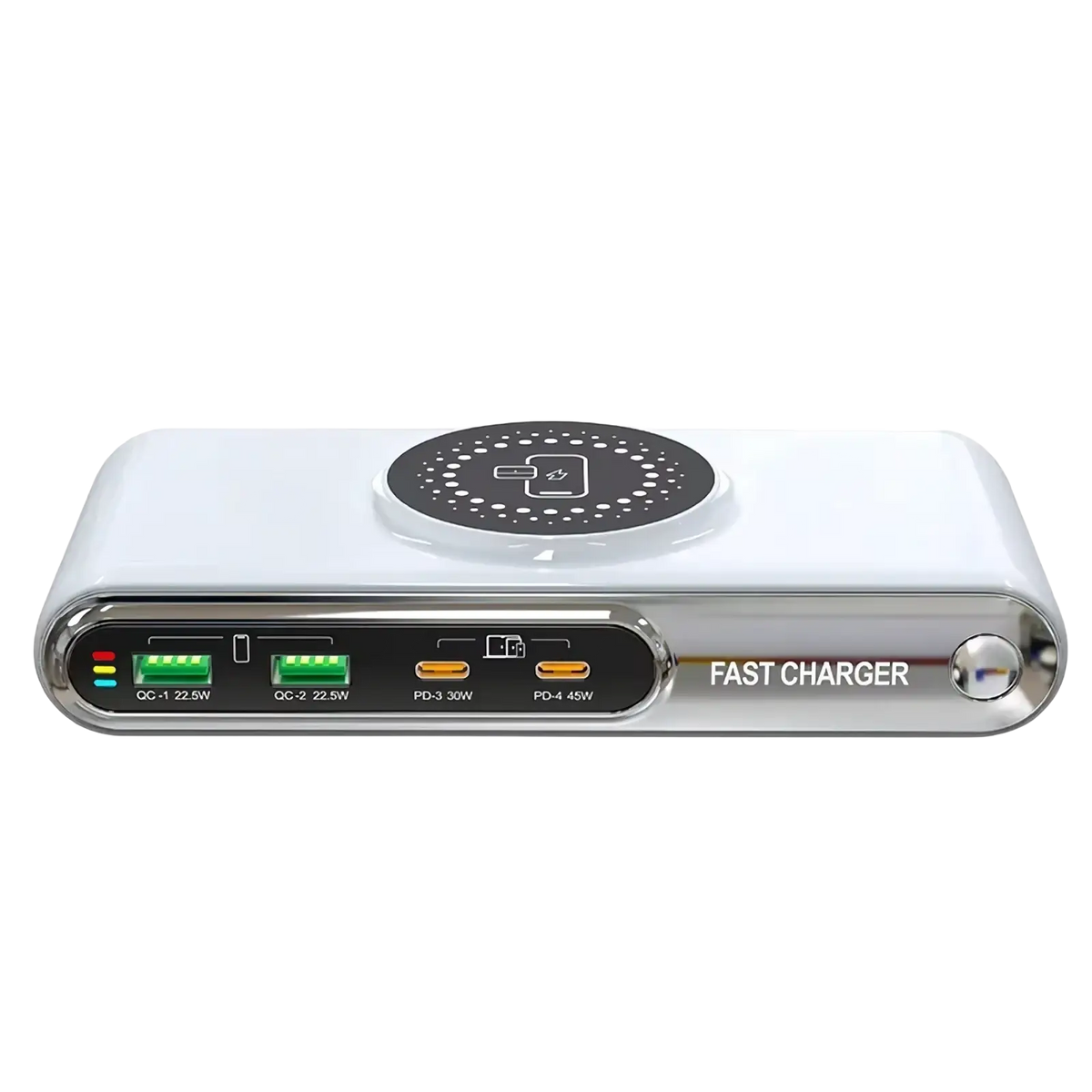White and silver 72w 6-in-1 wireless charging station with multiple usb ports including qc-1 qc-2 pd-3 and pd-4