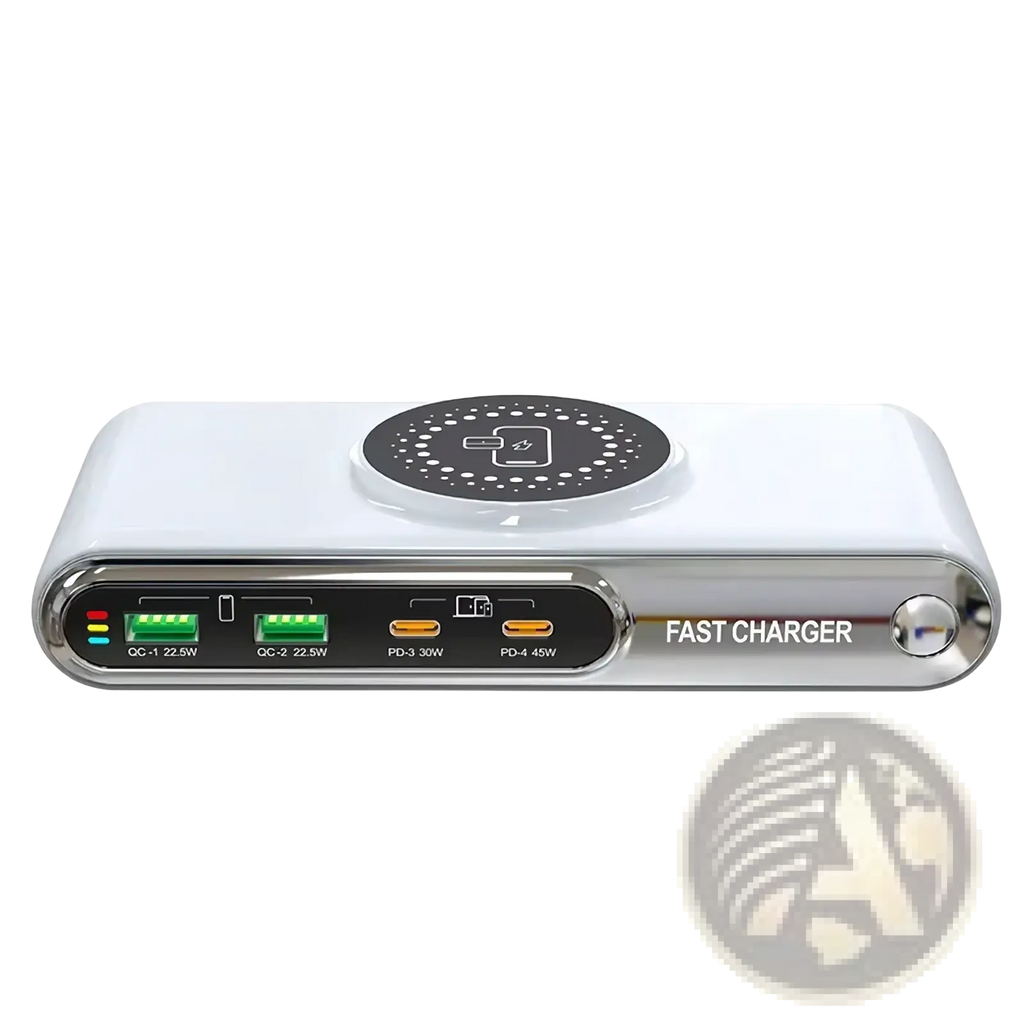 White and silver 72w 6-in-1 wireless charging station with multiple usb ports including qc-1 qc-2 pd-3 and pd-4