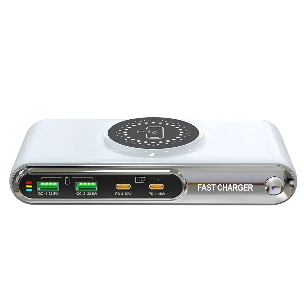 White and silver 72w 6-in-1 wireless charging station with portable fast charger, wireless pad, and multiple usb ports including qc-1 qc-2 pd-3 and pd-4