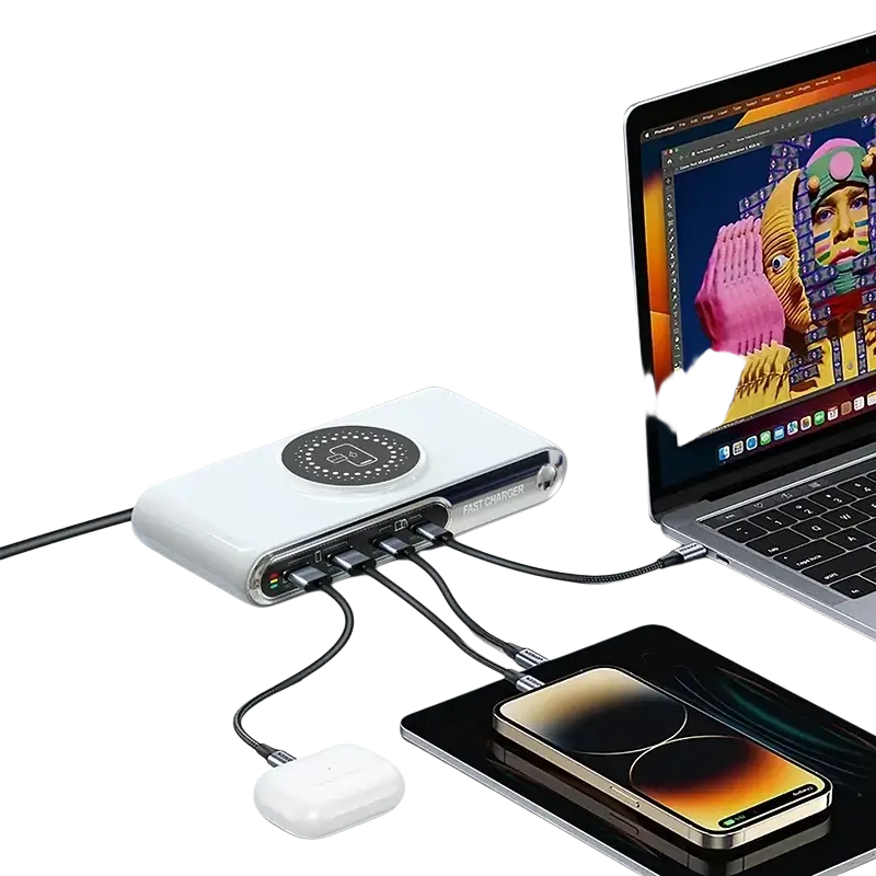 White rectangular 72w wireless fast charger with multiple protection mechanisms and rohs fcc certification and multiple ports